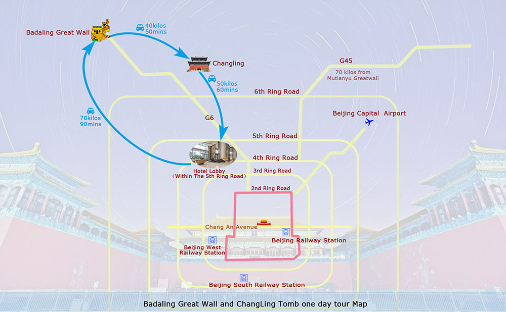 Map of Beijing One Day Private Tour to Badaling Great Wall and Ming Tomb
