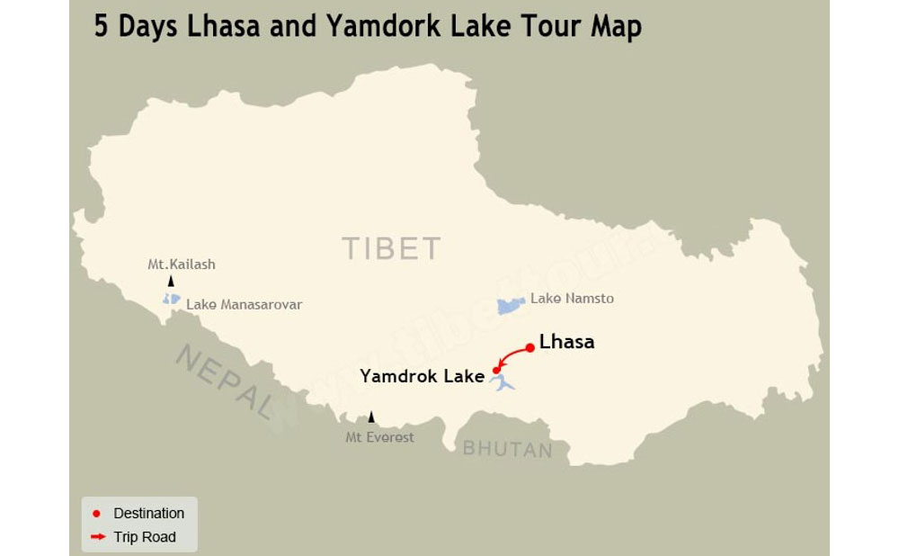 Map of Lhasa and Yamdrok Lake Five Days Join in Tour