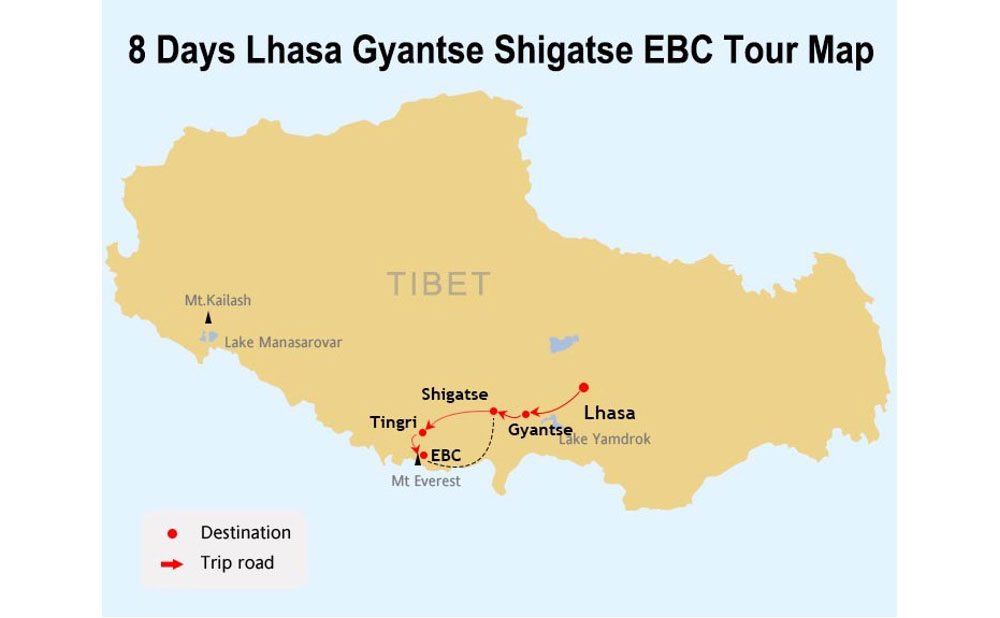 Map of 8 Days Lhasa and Everest Base Camp Join in Tour