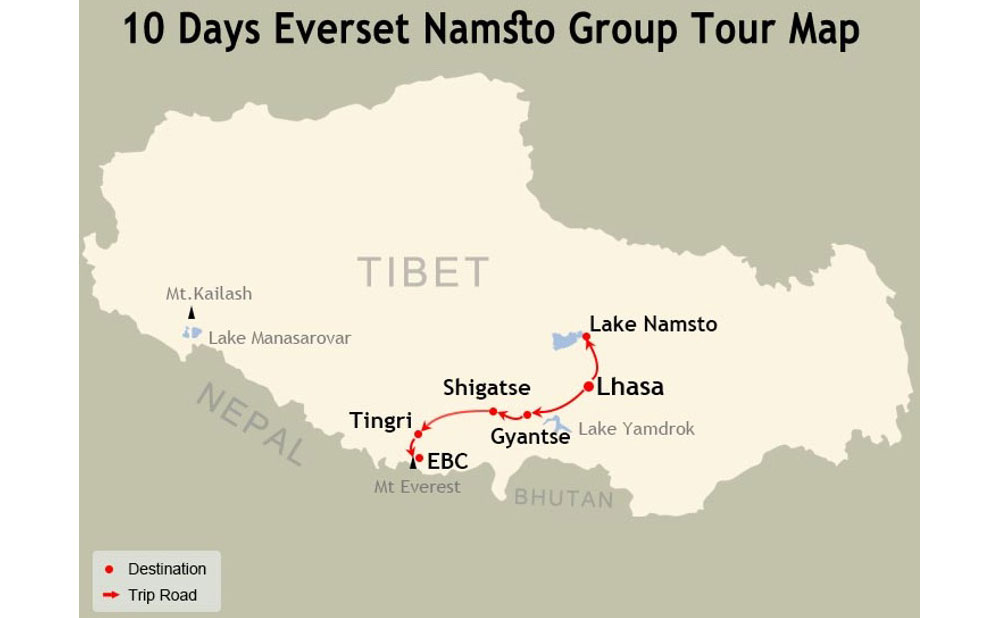 Map of 10 Days Lhasa to Everest Base Camp and Namtso Lake Group Tour