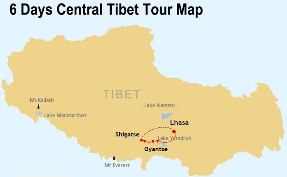 Map of 6 Days Lhasa and Shigatse Bus Tour