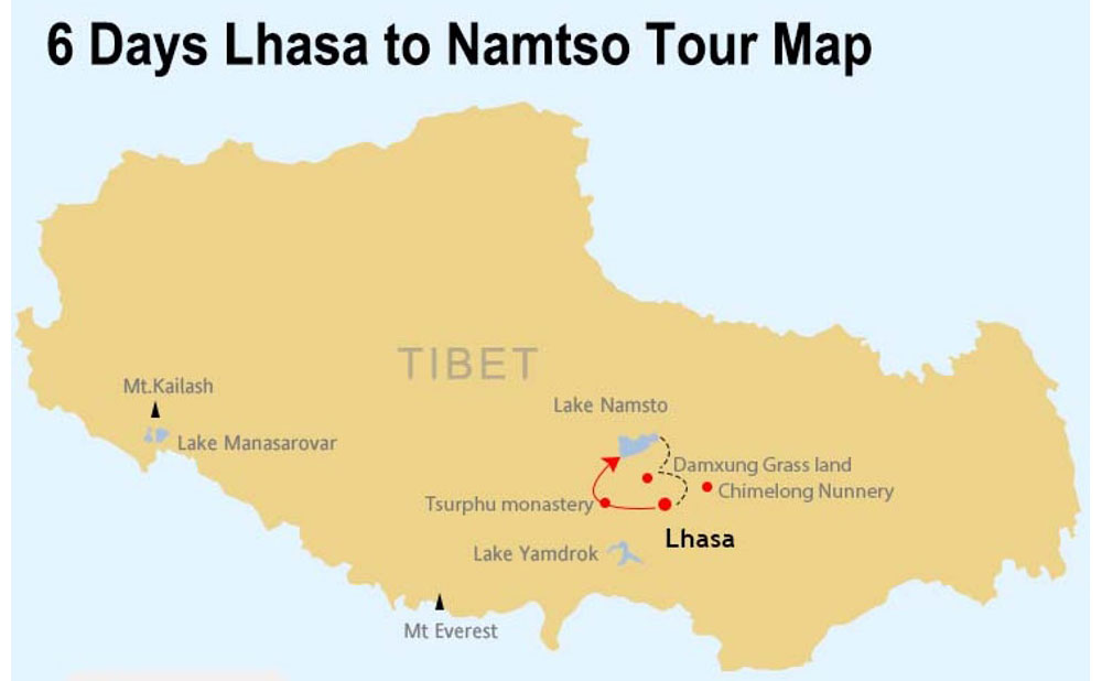 Map of 6 Days Lhasa and Lake Namtso Join in Tour 