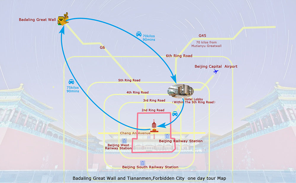 Map of Beijing 1 Day Private Tour of Tiananmen Square, Forbidden City and Badaling Great Wall