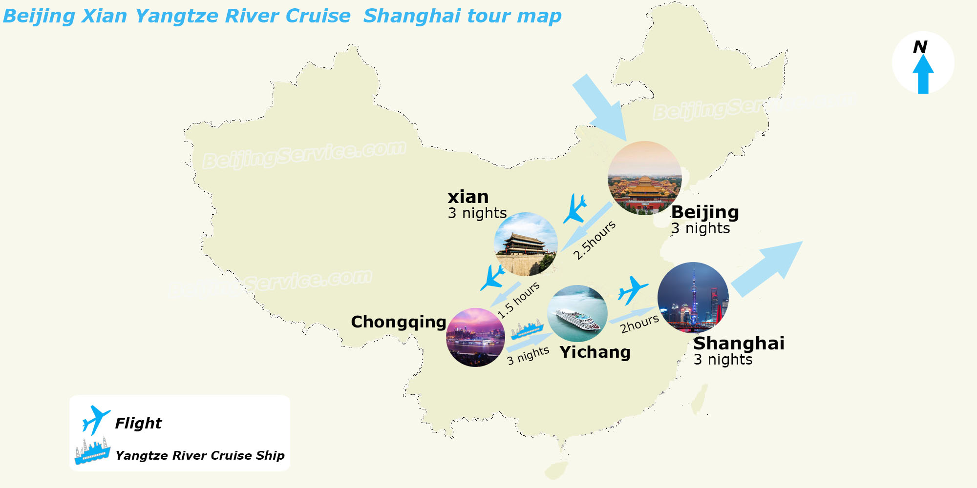Map of 13 Days China Tour of Beijing Xian Yangtze River Cruise and Shanghai
